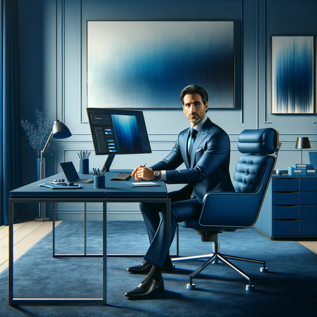 DALL·E 2023-11-26 16.24.51 - A professional office environment dominated by shades of blue, featuring a person. The scene includes a modern, sleek desk with a high-tech computer s